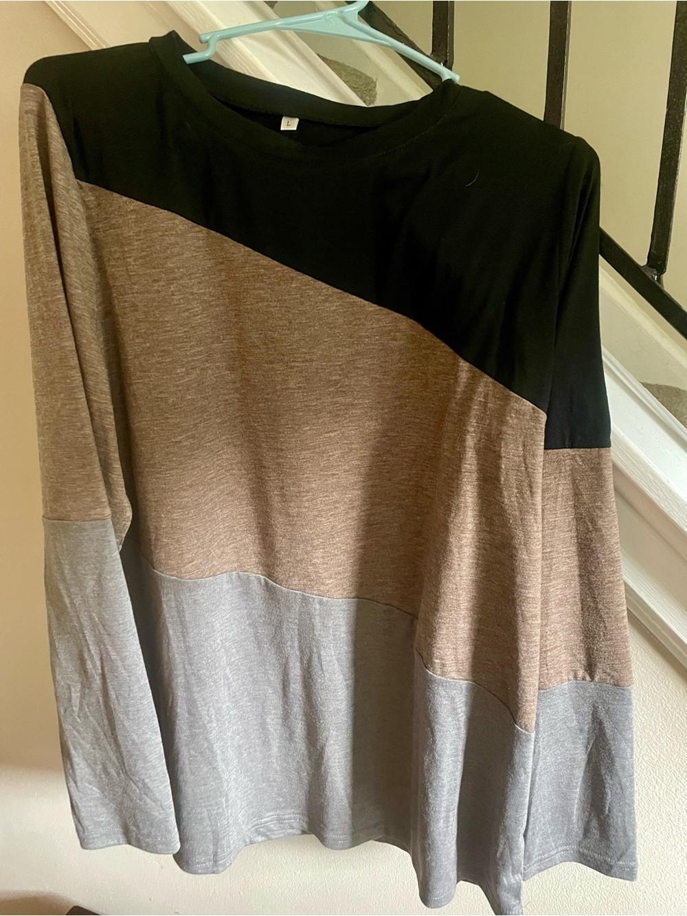 Colorblock Long Sleeve Top - Black, Brown & Light Gray
